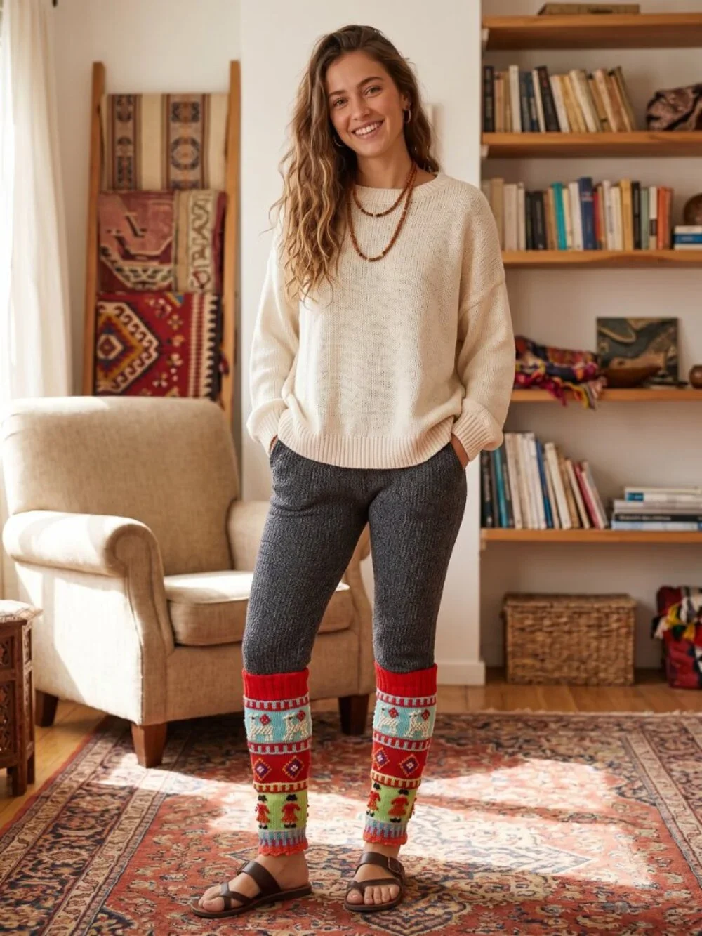 Andean Hand-Knitted Leg Warmers with Alpaca Designs